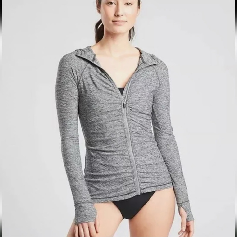 Athleta Heather Gray Full Zip Ruching Women’s Hoodie Jacket‎ with Back Pocket M